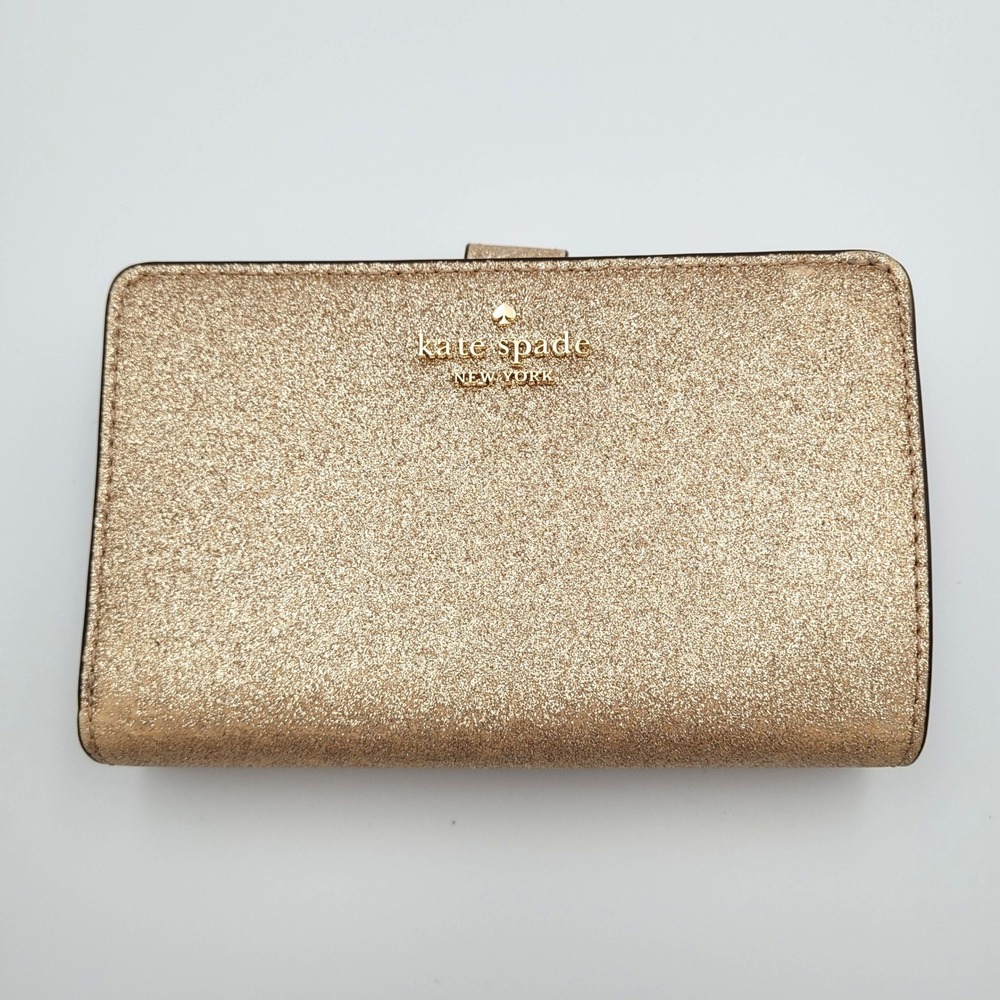 Kate Spade Rose Gold Glitter Bifold Wallet Compact Zip Coin Pocket Card Case